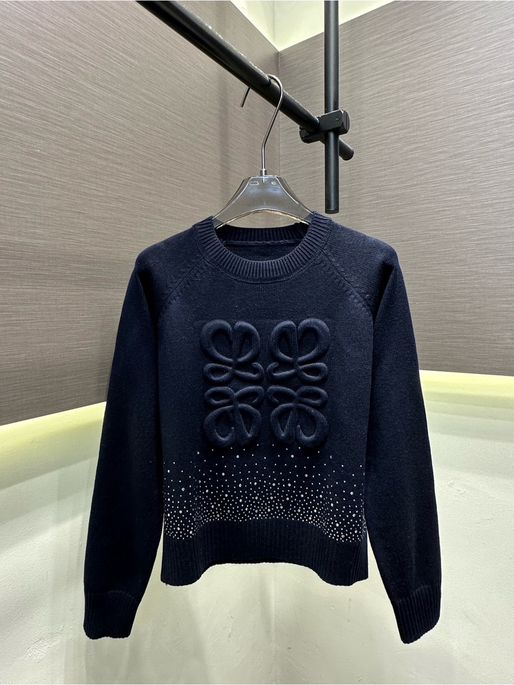 Loewe Navy Crewneck Sweater with Raised Anagram and Embellished Hem
